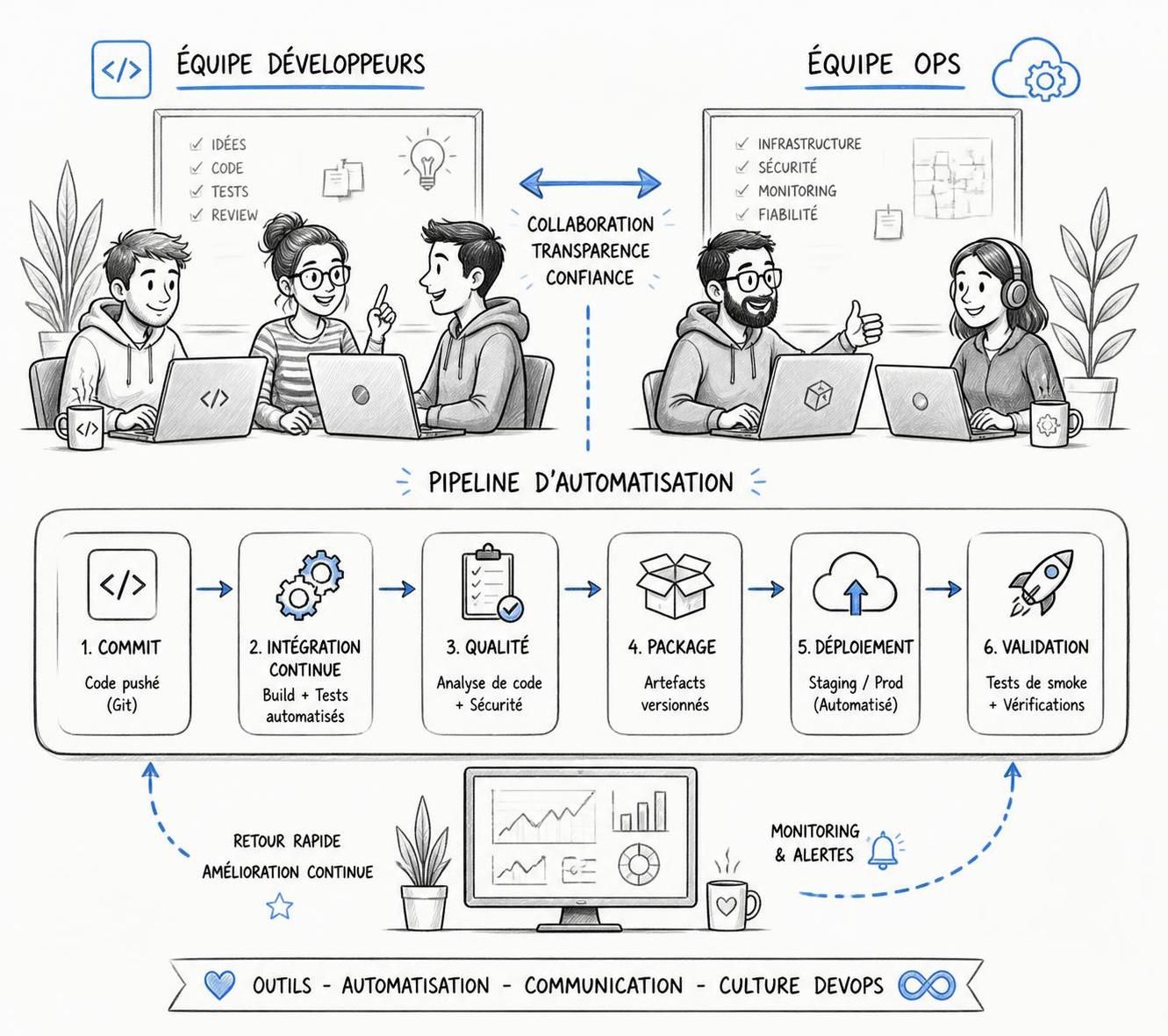 DevOps : définition, promesses et ce que ça change au quotidien 2 découvrez ce qu'est le devops, ses promesses et comment cette approche transforme concrètement le quotidien des équipes en optimisant collaboration et efficacité.